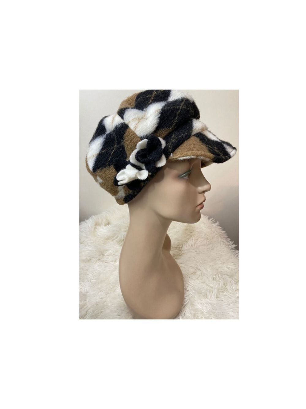Lafenice Blk/Wht/Brn Plaid Wool Blend Newsboy Cap w/ Flower Accent - Sz. OS